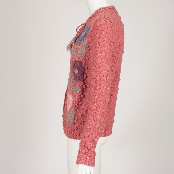 1970s Vintage Floral Intarsia Pink Nubby Wool Tassel Cardigan Sweater Sz M - Picture 4 of 6
